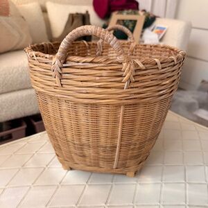 Vintage mid century Woven Rattan Basket - Woven Basket with Handles